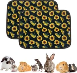 Fleece Strooiselmat Voor Knaagdieren – 60x45cm – Zonnebloemprint – Anti Slip – 4 Laags – Set Van 2