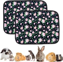 Strooiselmat Voor Knaagdieren – Fleece – 60x45cm – Roosjes – Wasbaar – Antislip – 4 Laags – Set Van 2