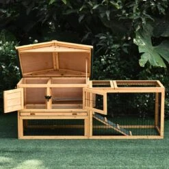 PawHut Konijnenhok Met Asfaltdak En Box Konijnenhok Massief Hout Naturel D51-122