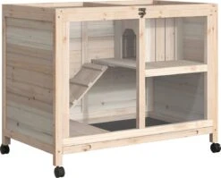 PawHut Konijnenhok Konijnenhok Met Twee Verdiepingen Op Wielen Massief Hout Naturel D51-124