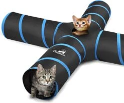 Cat Tunnel, Premium 4-weg Tunnel, Uitbreidbaar, Inklapbaar, Kattenspeelgoed, Offset Tunnel, Kattenspeelgoed Met Pompom En Bel, Voor Kitten Konijnen, Zwart En Licht Balu