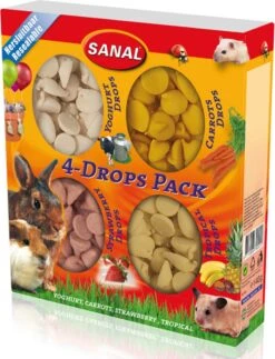 Sanal 4-drops Pack Yoghurt, Carrots, Strawberry, Tropical – Konijnen Snoepjes – Konijnen Snacks – Knaagdier Snoepjes – Knaagdier Snacks – Knaagdier – Konijn – Cadeau